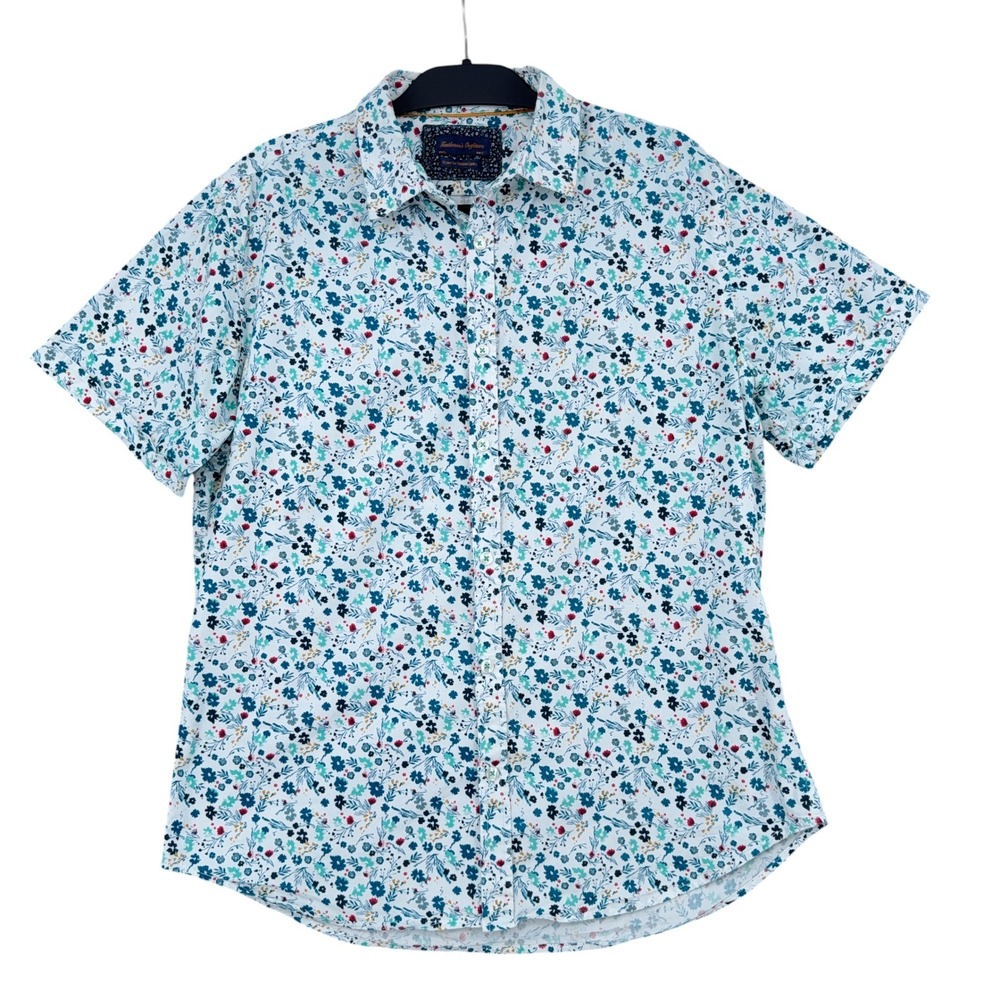 Gentlemen's Outfitters Floral Button Down Men L 100% Cotton White Blue Short Slv